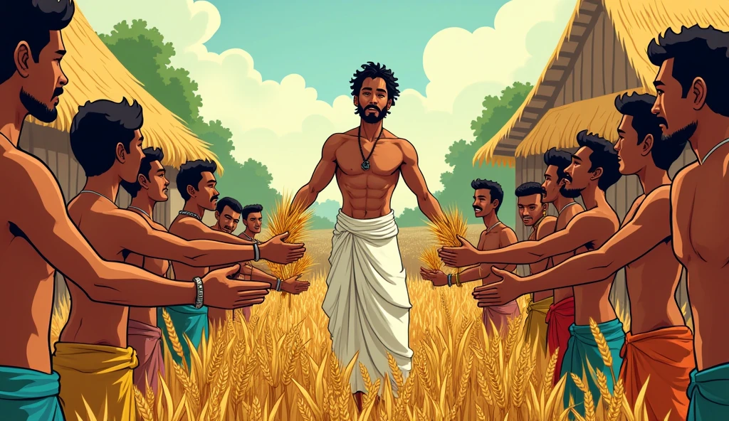 Villagers Admiring Dhruv’s Harvest
Description: A comic-style image of Dhruv, surrounded by the villagers who once mocked him. They’re now admiring his rich harvest. Dhruv, in his usual white dhoti and brown kurta, is handing out wheat sheaves to the villagers, who look grateful and impressed