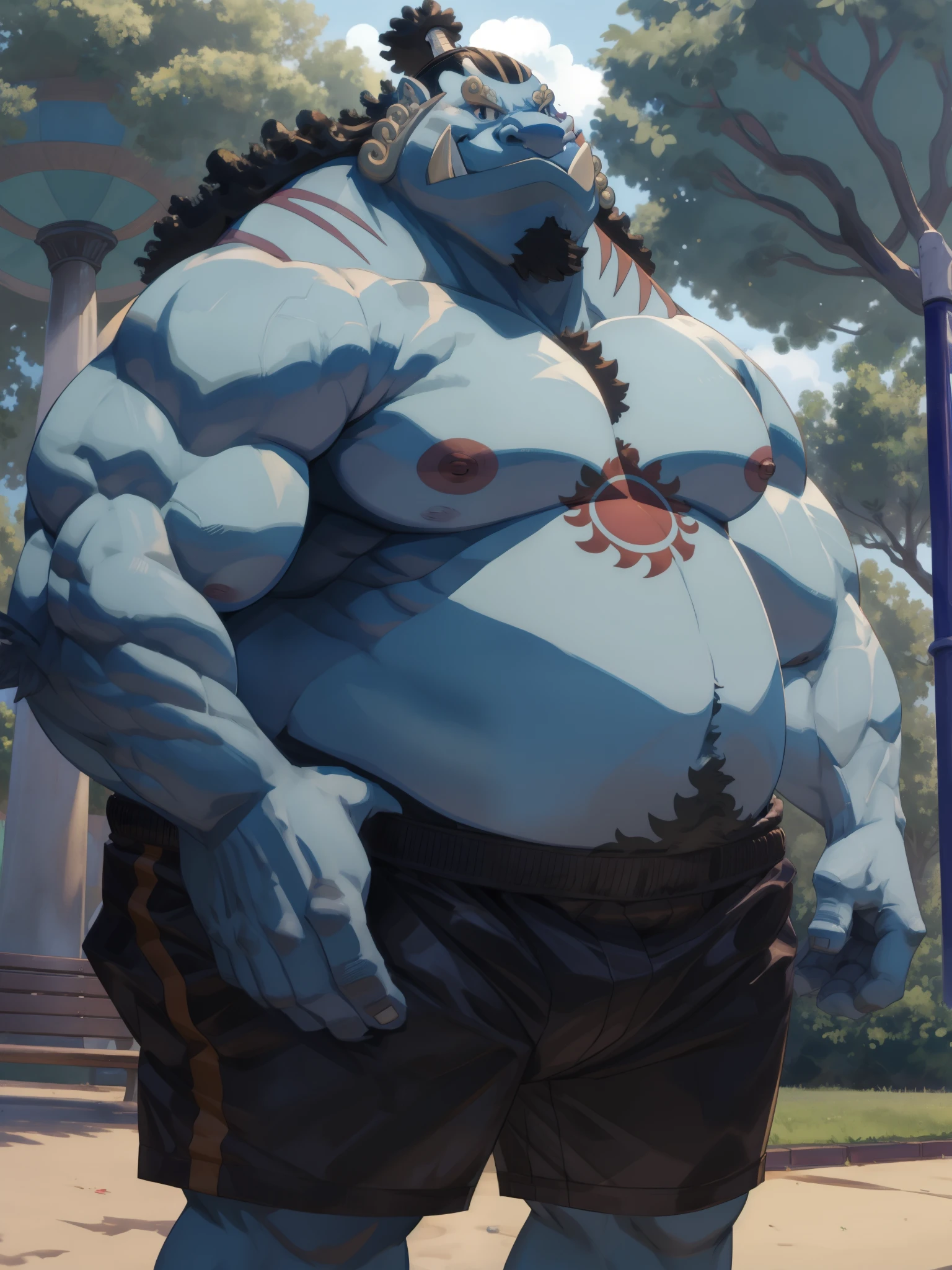 solo, 1boy, (jinbei:1.2, park, blue skin, shorts, smile) (muscular, pectoral, chubby) (topless, shirtless), park background, masterpiece, high detailed, 8k, high resolution