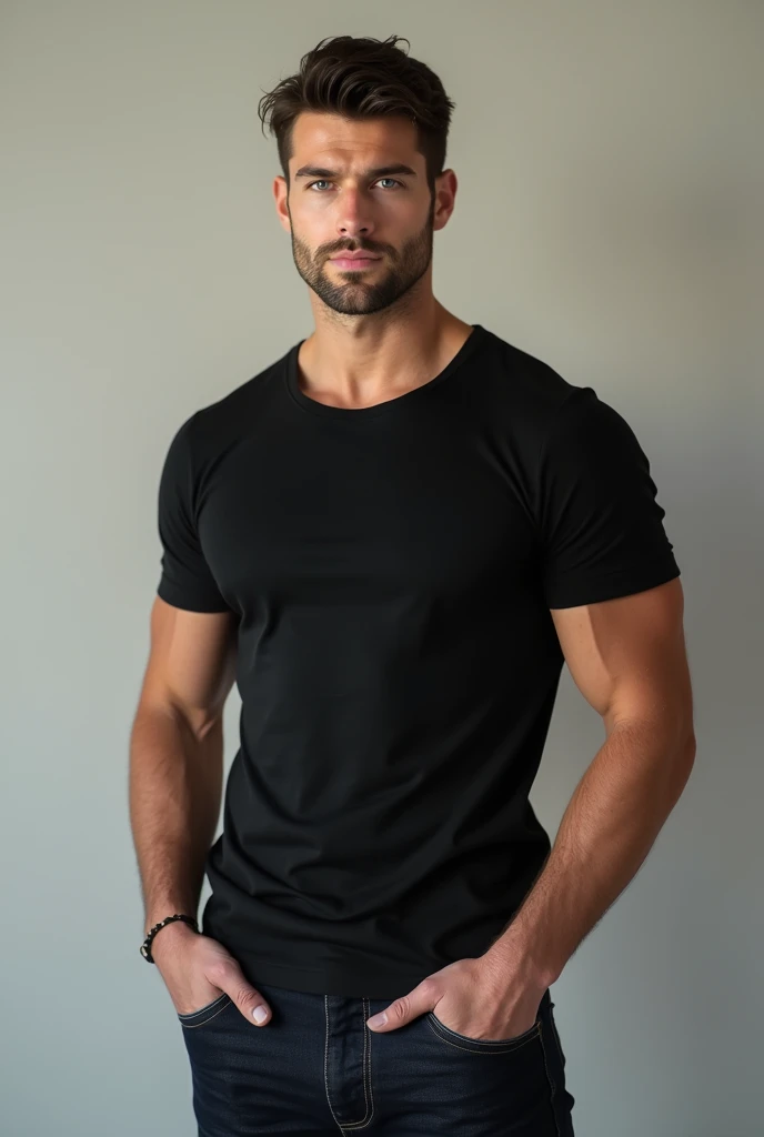 handsome man 25 years ol, toned body, short dark hair and blue eyes, black t-shirt and jeans, manly