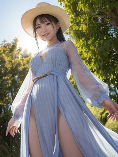 Japanese female, (underweight), (medium bust best quality:1.2), 30 years old, (cheerful grin:1.1),
grassland, (queen), hopeful, standing, semi long, (see through dress), (The lines of your body are visible through your clothes:1.2), with a castle, at sunrise, cowboy shot, ((from below)), sunrise