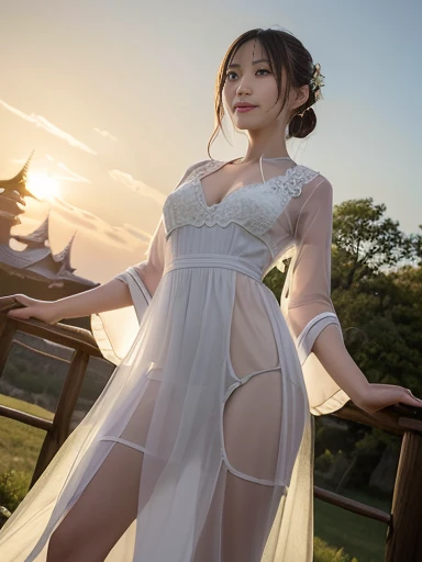 Japanese female, (underweight), (medium bust best quality:1.2), 30 years old, (cheerful grin:1.1),
grassland, (queen), hopeful, standing, semi long, (see through dress), (The lines of your body are visible through your clothes:1.2), with a castle, at sunrise, cowboy shot, ((from below)), sunrise