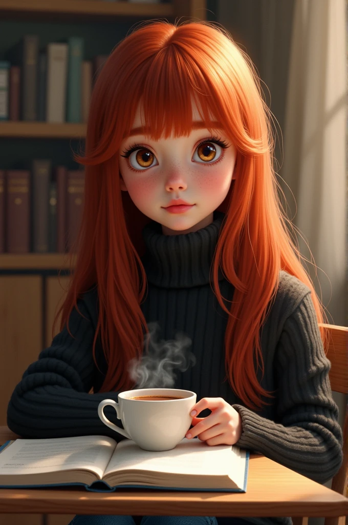 A digital réalistic painting of a young 1 girl with long red hair and bangs, sitting at her desk. She has large hazel eyes, beautiful freckles across her angelic face, and plump lips. Her expression is neutral, giving a calm and serene vibe. She's wearing a thick black sweater and blue jeans. On the desk in front of her, there's a cup of hot chocolate. The scene is softly lit, highlighting her delicate features and the warmth of the setting."