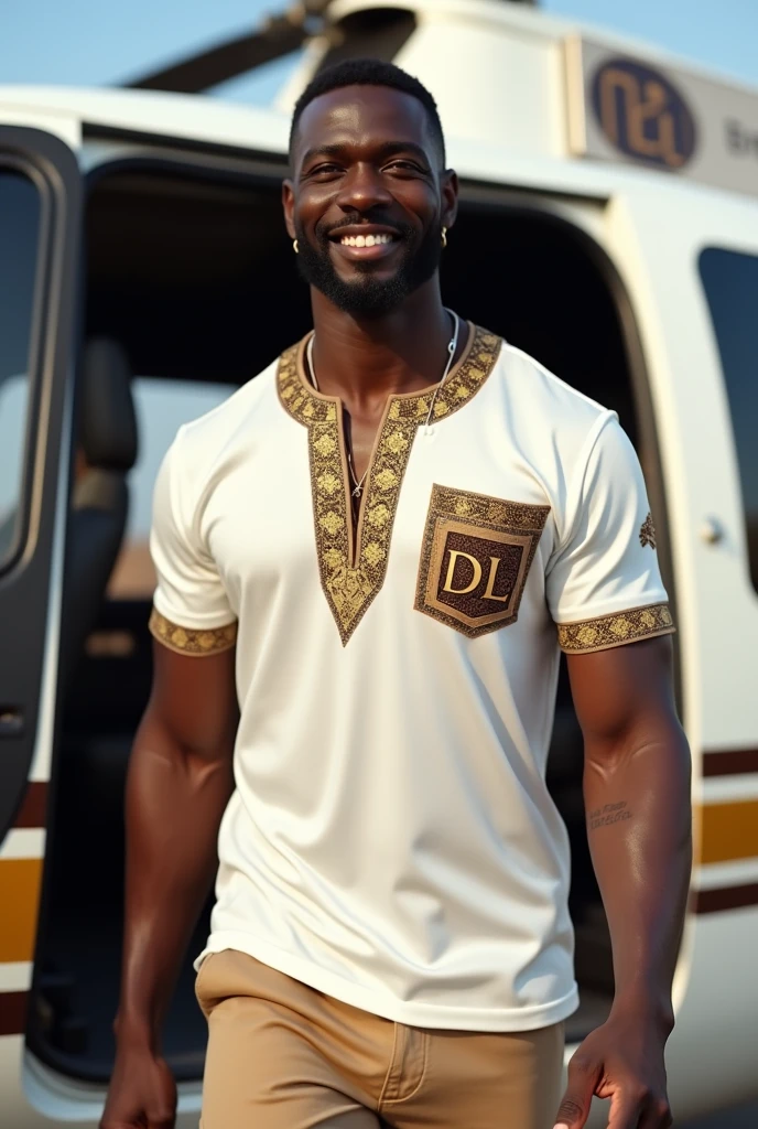 Strong forty year old black man, very elegant and sophisticated, with a goatee, with a light smile, wearing white short sleeved African tribal t-shirt with gold and brown details, pure silk with gold details.
Letters DL written on the pocket of the clothing Italian loafer shoes The model is disembarking from a helicopter
