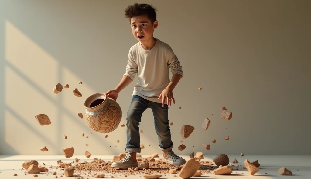 The pot falls from the young man's hands and breaks.