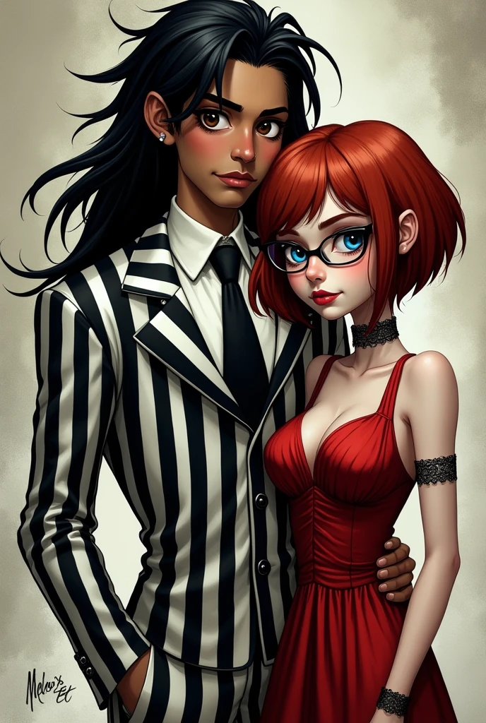 Comicrealism 1.2) create Tim Burton esq Couple
The Boy is slighty buff and has long black glam metal hair and the white and black striped suit of BEETLEJUICE, he has light brown skin, brown eyes and a barely viable mustang. The girl has short red brown hair and prominant red bangs, pale skin, blue eys, glasses and a red dress in the style of LYDIA DEETZ from the movie BEETLEJUICE.
Also put also Text on the artwork: MELO & TET
Make then look crazy and weird