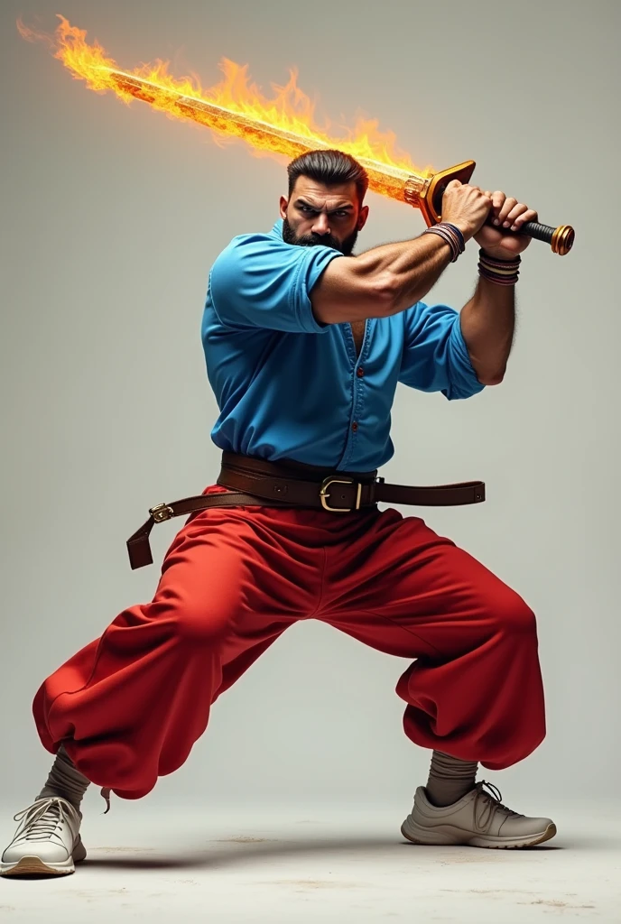 a man with a blue blouse, red pants, white shoes, in a fighting pose with a fire sword (realistic)