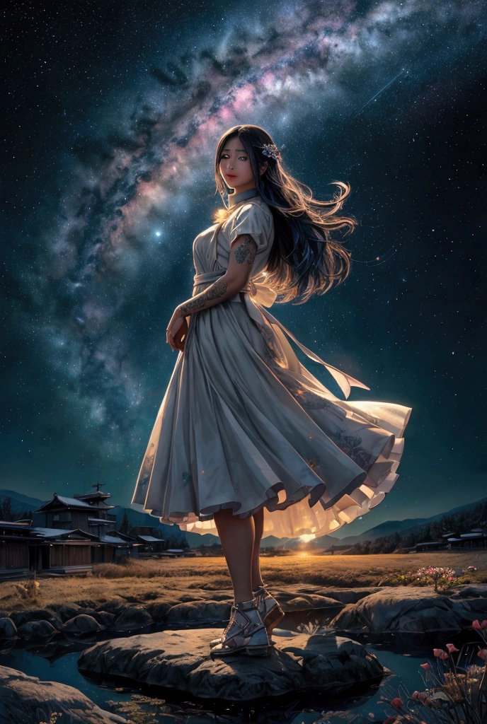 Full body illustration, One person, Beautiful woman, Analogically correct, Colorful watercolor style, chromatic aberration, A village deep in the mountains of Japan, Dark Theme,Magnificent nebulae breathtaking vibrant colors thereal interstellar others shining curiosity birth evolution star sun super star_wide々Clear Sky Sunshine Panorama Ultra Sunset Sunrise (((Highest quality、Ultra-high precision、Ultra-High resolution、head'artwork)))、Low - Angle, Below or others, head or others feet, Are standing, Random Hairstyles, Tattoo of flowers on the neck, The tattoo emits a pale light, beauty, Healthy muscles, apron, Abandoned rural village, evening, particle, chromatic aberration, Cinematic, Dark Scene, High resolution, Healthy muscles, best details beautiful face, 'like、Un like pur avec une jolie fille du coin、others'like々Shining brightly、Cultivation、Talent Development、Efforts to continue、Great Adventure、break、Lion-like'eye、Smiling mouth、Color of the evening sky'rainbow、Fantasy Space、Hair blowing in the wind、Armed'Roman Empire、渦巻く影の道 wait距離通り アンリアルエンジン5 超傑作映画_Ultra Pro Sunlight_Super-optimized for real_OpenGothers-Shaders Ultra_super high quality_High precision reflective lighting volume perfect ultra_High resolution enhanced octane_Made by Ultra_high-definition UHD XT3 DSothersR HDR 3dcg analog ecstatic symmetrical dazzling Will-o'-The-Wisp Global Light Emitting Plasma Focus Incandescent Reflection々multi, wait... --v 6 --s 1000 --c 20 --q 20 --chaos 100