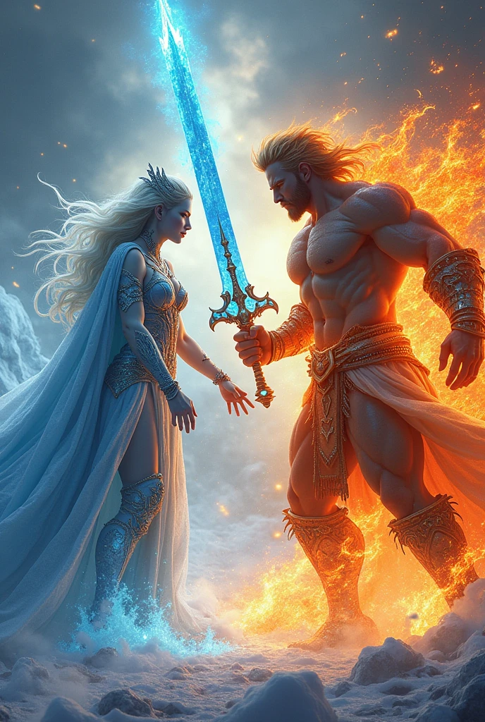 D view, two tall deities, (one queen holding an ice giant sword, wearing ice and snow clothing) attacking (the king holding a lava giant sword ((perfect muscle lines, tall figure)))