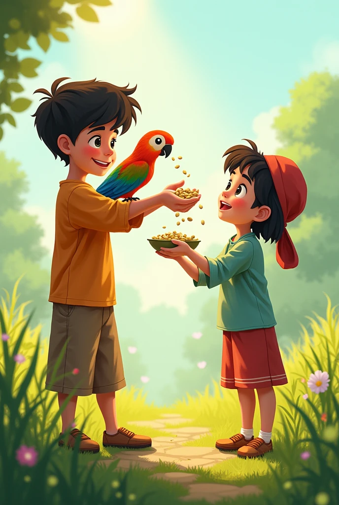 Every day, Arqam would feed Mitthu, and Mishal would give him water."
Prompt: An illustration of Arqam feeding Mitthu with seeds in his hand, while Mishal is pouring water into a small bowl for the parrot. The setting is outdoors near their house, with green grass and a bright sky.