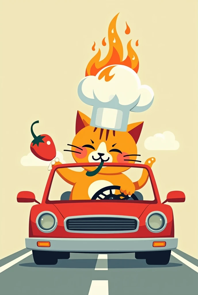 flat deisgn illustration of cat lucky car with chef hat who eat pepper abd have his chat hat in fire 