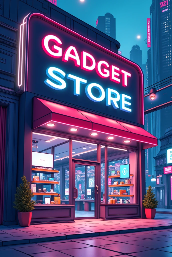 A gadget store front view in 2D art (no people only the front view of the shop)