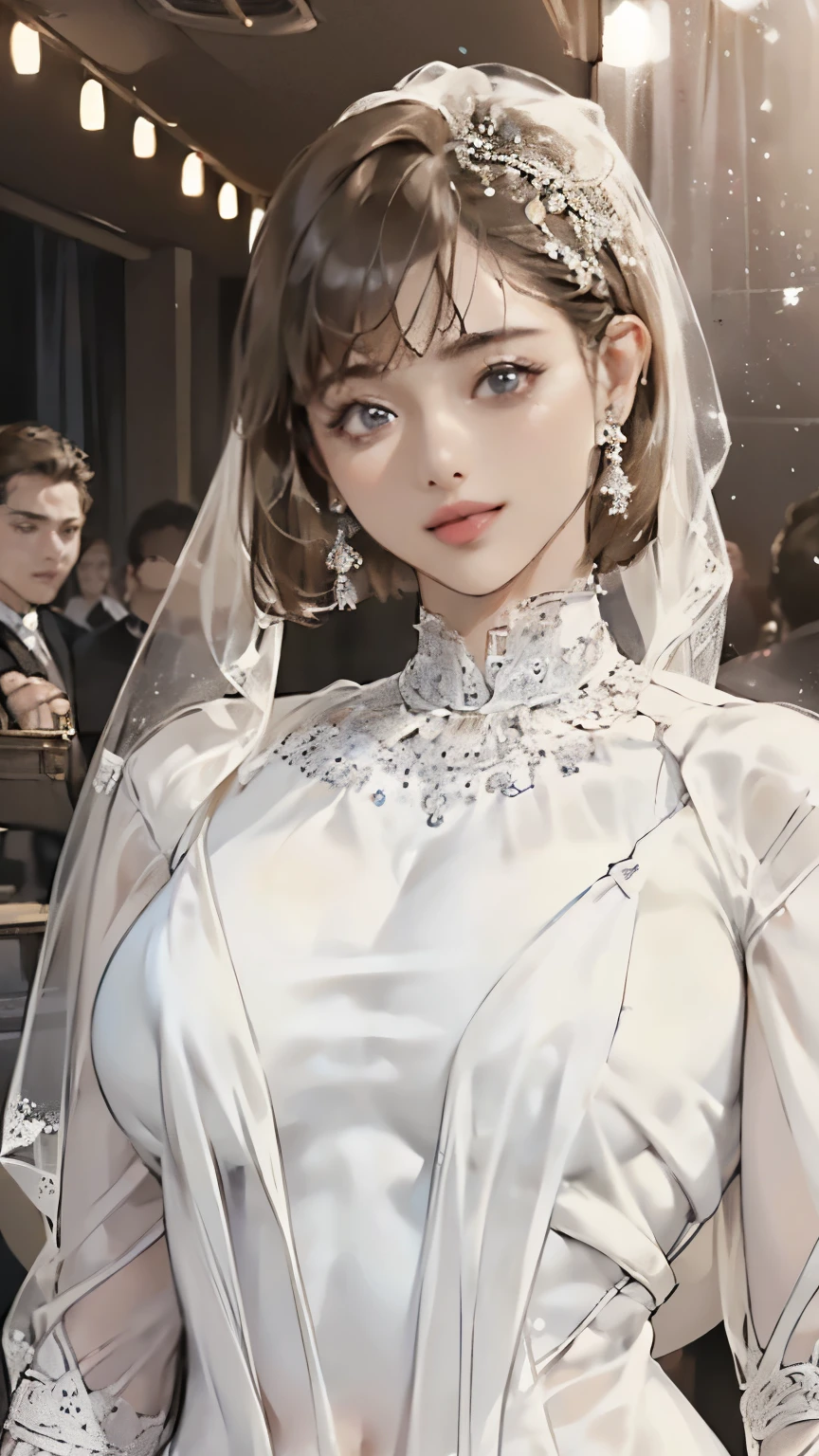 (Realistic:1.5, 16K, Highest quality, masterpiece, Ultra-high resolution), Perfect dynamic composition:1.2, ((woman１people)), ((Stylish party venue:1.5)), ((Bright venues:1.5)), (Expressions of sadness:0.9), (((Gorgeous white see-through party dress:1.5))), Highly detailed skin and facial textures, Incredibly slim body, Fair skin:1.2, Sexy beauty, Very beautiful face:1.5, (short hair), (Neat bangs:1.5), ((Voluptuous body:1.5)), (Firm and shapely D cup breasts), ((Both arms behind the head)), (Big eyes that exude beautiful eroticism:0.8, Lips that exude beautiful eroticism:0.8), necklace, Earrings, bracelet, wedding ring, 