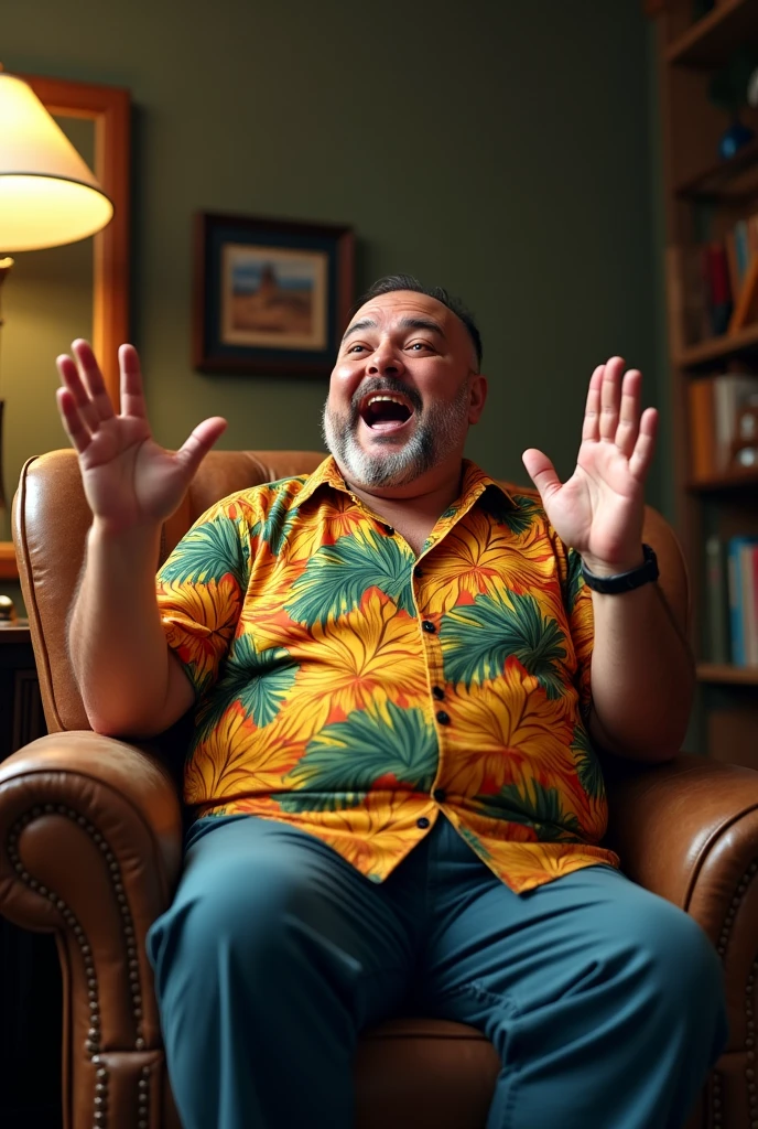take a picture of a fat guy with a brazilian shirt sitting on a chair telling a story for the image
