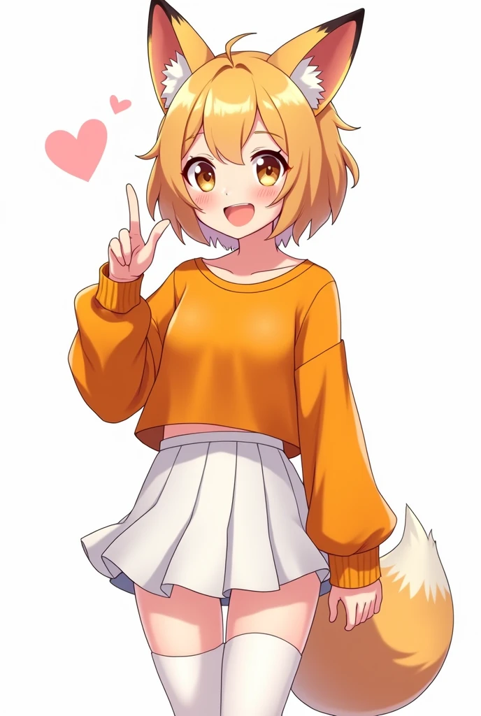 Anime girl Vtuber style smiley face with a fox ear wearing an beautiful orange top, white short skirt and stocking. no background