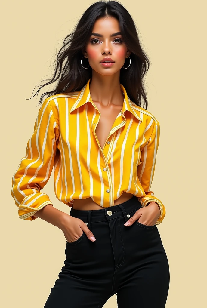 Make a young woman wearing black pants and a yellow blouse with white stripes