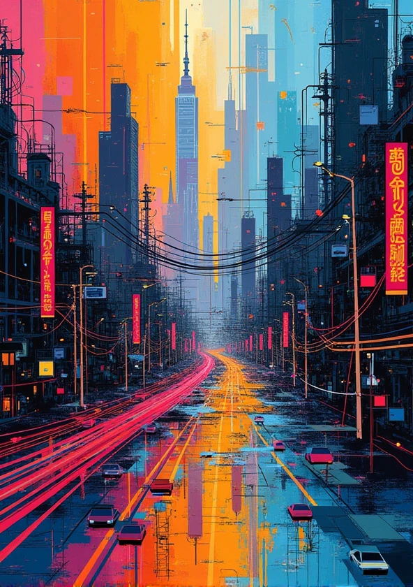 Generate an abstract artwork featuring busy streets with energetic patterns and vivid hues.