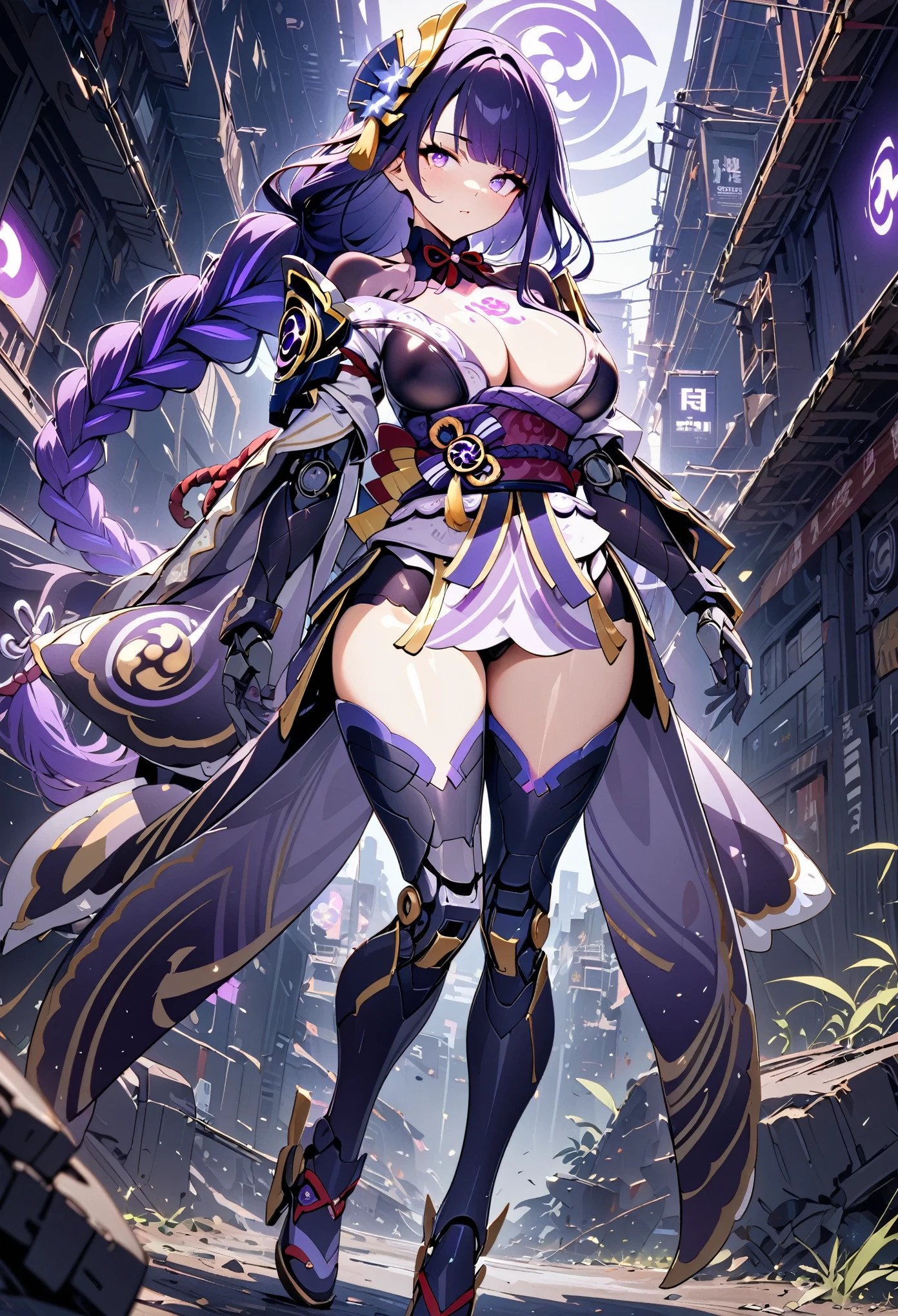 (8k, best quality, masterpiece:1.2),\(Eye details\),\(Facial features details\),(\(Clothes details details\)\),(1 girl:1.3),独奏,full body,(/raiden shogun/),purple hair,(shiny eyes),Engraving,(There is an inverted trapezoidal purple light on the chest.),Mecha Girl,Biochemical modification of people,(Mechanical joints:1.3),[mecha tight｜Fishnet bodysuit],(mecha tight:1.3)+(high area thigh outcuting),large breasts,((silm waist))