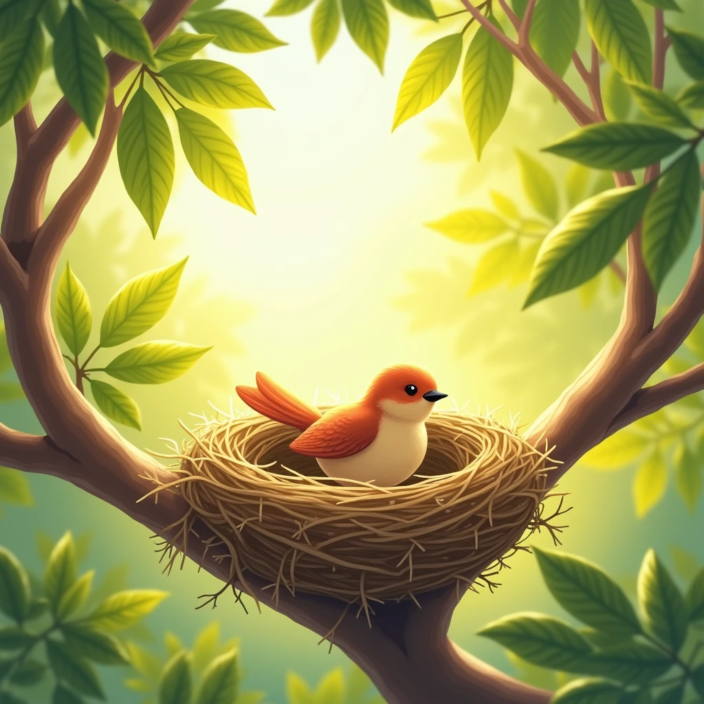 sunny day, birdie happily found an oval shape nest on a tree