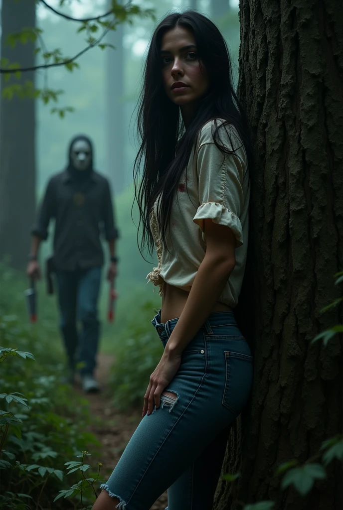 ultra realistic, photography, long black straight hair, elegant hair, (30 years old, hazel eyes, hourglass figure, perfect fit body, natural big breasts), femme fatale, she is wearing a very ripped and torn blouse with a plunging neckline, pushed down over her right shoulder, blood is on her blouse, there are bloodstains on her blue jeans, her sneakers are dirty, she is hiding in the woods, standing behind a big tree, she is leaning against the tree, she looks scared, a guy with a creepy mask and a bloody machete is looking for her, extreme wide angle