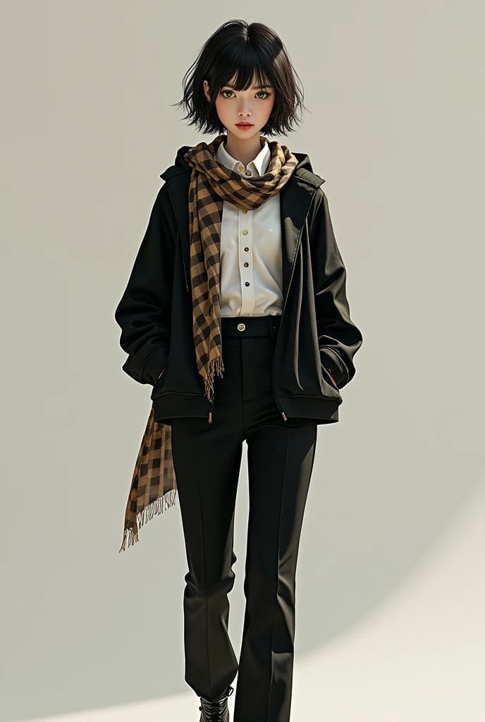 Short black hair, Fair skin, Emerald eyes, Checkered scarf, Black hoodie, White collared shirt, Black trousers, High-heeled black boots