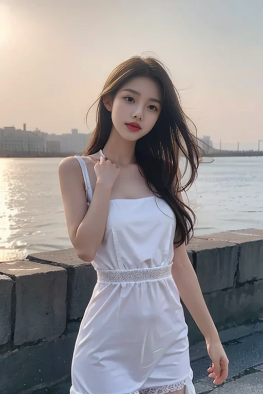 1 Girl,seaside,Soft Light,Chinese Beauty,Suspender dress