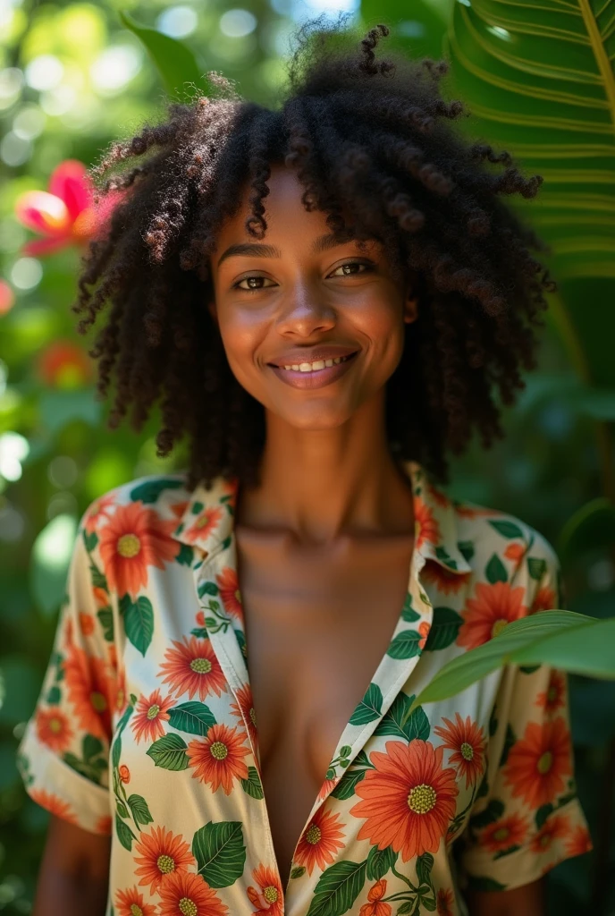 A Brazilian woman in a lush tropical garden, wearing an open shirt with a floral print, with a close-up capturing the harmonious beauty between her breasts and the natural flowers, showing off your natural charm and outgoing personality.