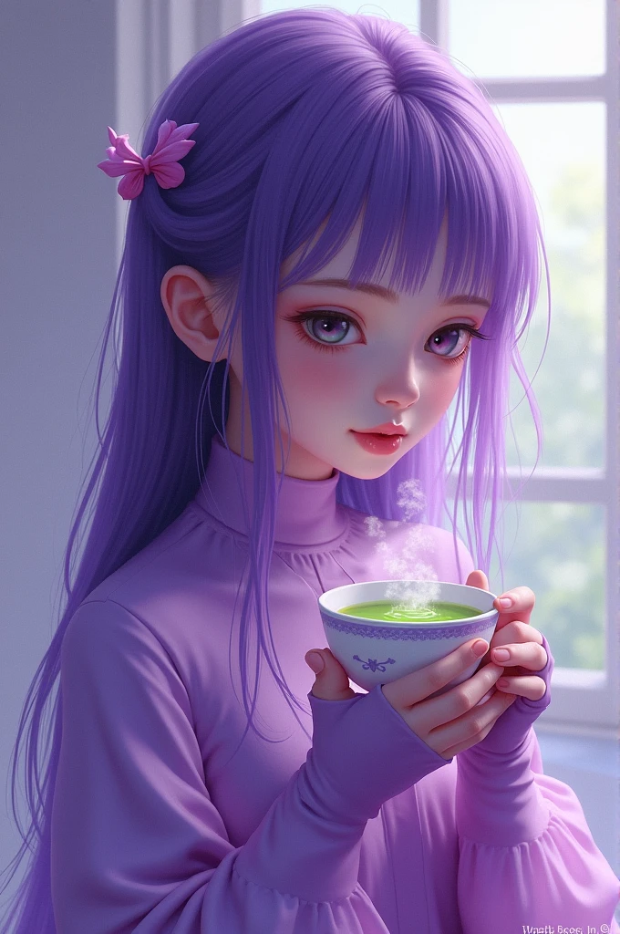 A girl with her entire body colored purple is holding a cup of green tea.
