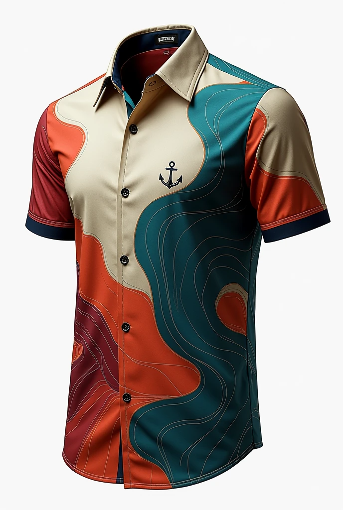 An italian atristic inspired themed mixed with fluid patterns silk short sleeved shirt with a tiny anchor on the left side