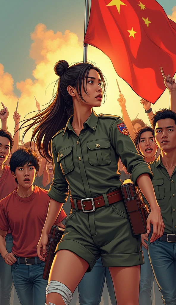 a revolution with a chinese female soldier with long tied brown hair with bandages in a military uniform with a filipino man with black hair in a red shirt with filipinos and filipinas
'comic art'