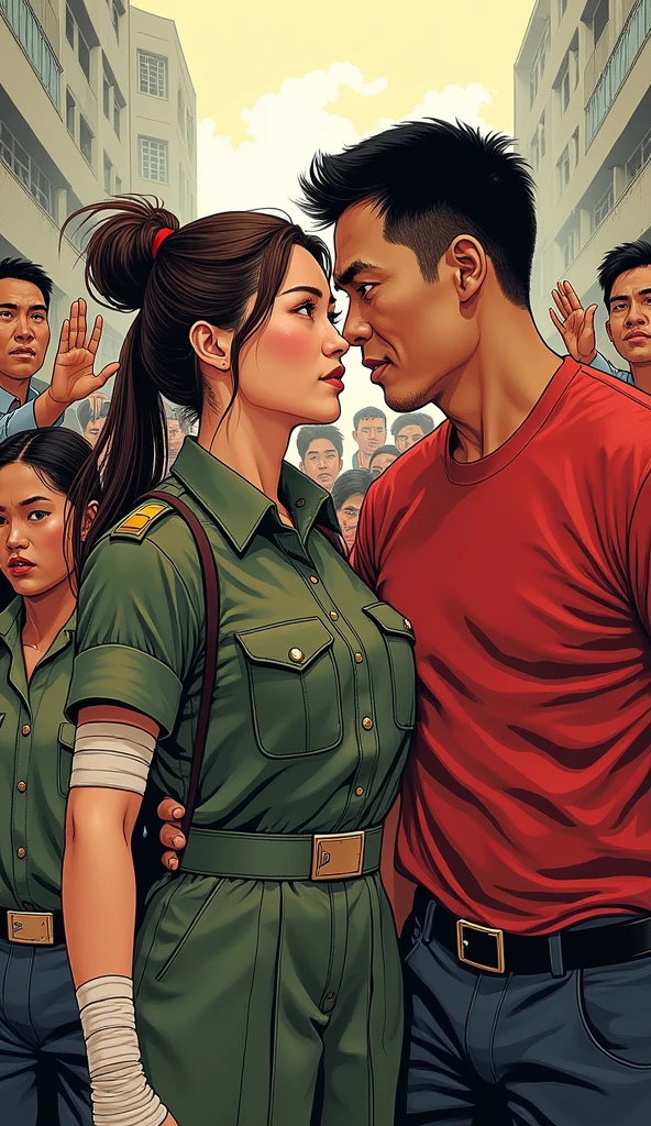 a revolution with a chinese female soldier with long tied brown hair with bandages in a military uniform with a filipino man with black hair in a red shirt with filipinos and filipinas
'comic art'