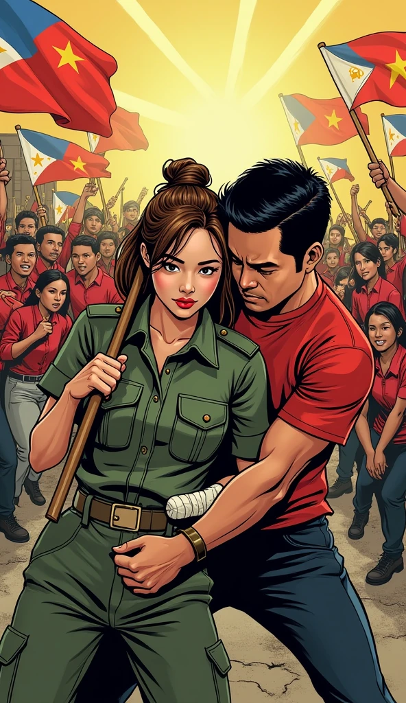 a revolution with a chinese female soldier with long tied brown hair with bandages in a military uniform with a filipino man with black hair in a red shirt with filipinos and filipinas
'comic art'