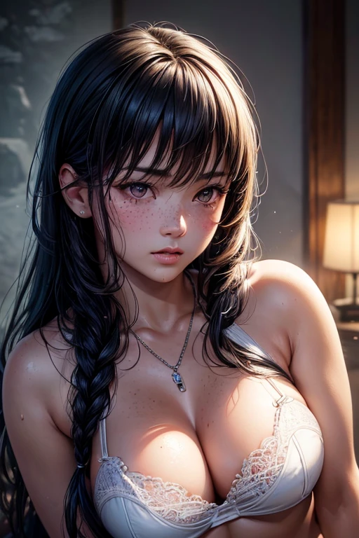 Kaori, Single model, solo, half Asian, half Latino, very long black hair in tight curls, freckles, blushing, wet eyes, long chain pendant, very large heavy breasts, chubby, belly, stretchmarks, white lace bridal lingerie  (best quality,4k,8k,highres,masterpiece:1.2),ultra-detailed,(realistic,photorealistic,photo-realistic:1.37),detailed portrait, cinematic lighting, natural skin texture, intricate details, dramatic colors, moody atmosphere, seductive pose