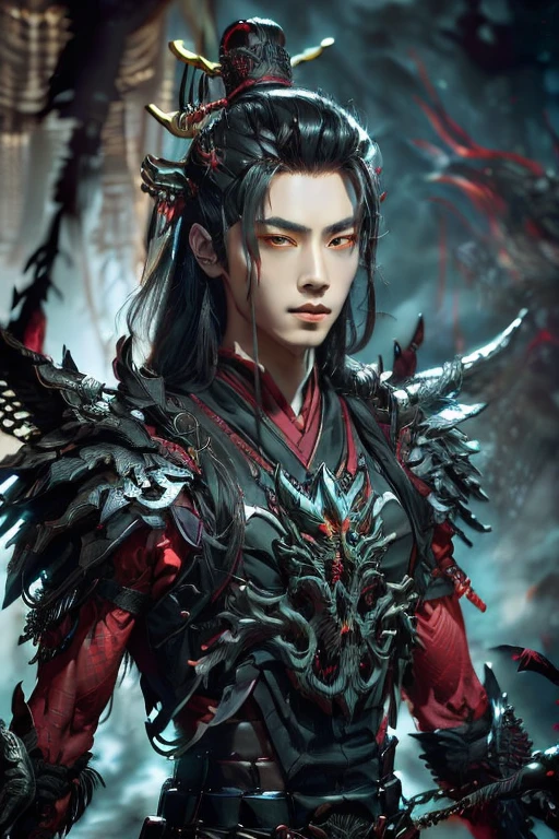  Handsome young xianxia protagonist,man,guy,long black obsidian hair, use floating phoenix crown,Crimson red  eyes  ,eyes focus detailed((no noice)),(((no noice))),and long black hair ,(no noice)),use armour featuring like pattern on taotie chinese divine beast((search image for taotie chinese beastiary))with black dominant color,pauldron protective shape like dragon head,breastplate featuring like Tao tie,breastplate detailed featuring taotie shape,shoulder protective dragon shape like taotie,sun and moon  background, black dominant color,black  dominant color, black dominant color armour,with majestic silver line , ((no noice))And demonic red wings at back,wings at back,terrifying aura around,24K ultra hd,face and eyes detail,lips and face detail,masterpiece ,better quality,ultraa realistic face((no noice)),good face proportion,non noice face,reality face,eyes detailed,((perfect face)),perfect eyes ,perfect lips proportion((balance lips)),perfect face proportion,((balance proportion of face)),((balance and perfect left and right eyes proportion)),((masterpiece))