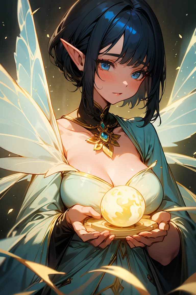 A charming D&D woman, an enchanting mix of elf and fairy, stands in a magical universe, her short black hair framing her delicate features. Her large, bright blue wings shimmer with a radiant glow, illuminating the mystical surroundings. With a curvaceous figure and a nurturing spirit, she is surrounded by magical creatures who adore her. She lovingly tends to the lush, vibrant nature around her, creating an atmosphere of harmony and magic. The creatures, her dear friends, gather close, as she cares for the world she cherishes so deeply.