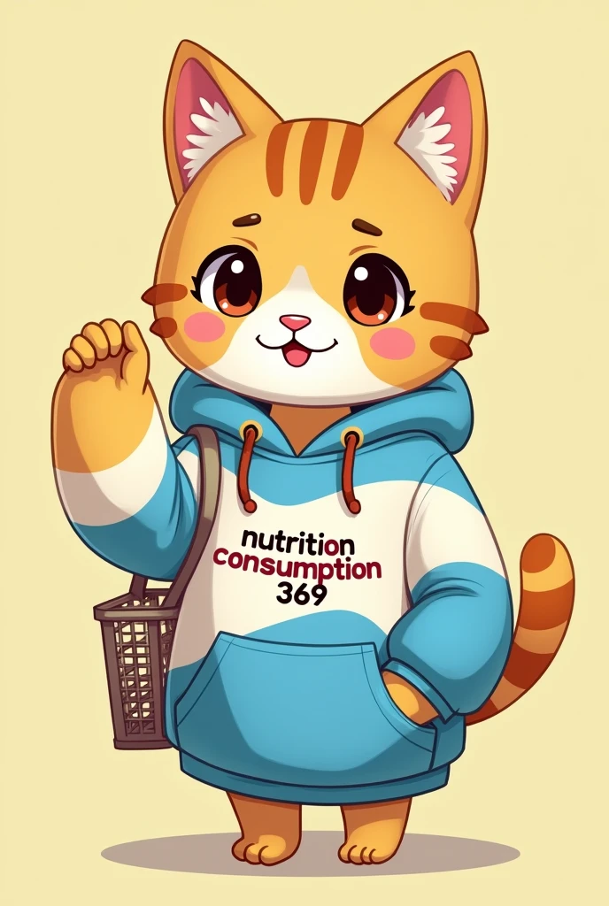 Make my facebook profile picture a girl, she wears youthful clothes, personality blue white and yellow, on the clothes there is the word nutrition consumption 369 , her face is the face of a cute cat, she is holding a shopping basket