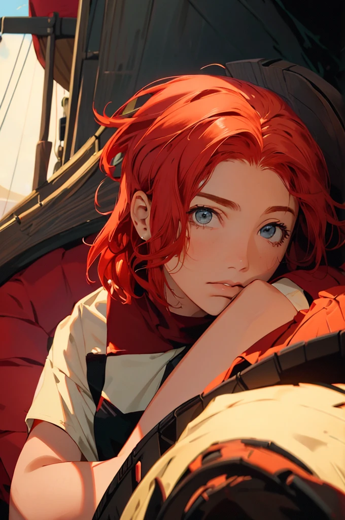 portrait of emilyrudd, nami, a woman, redhead,  short red hair, in a pirate ship, (best quality:1.1), (masterpiece:1.4), (absurdres:1), (masterpiece), best quality, expressive eyes, perfect face, curvilienar waist, EnvyBetterHands LoCon