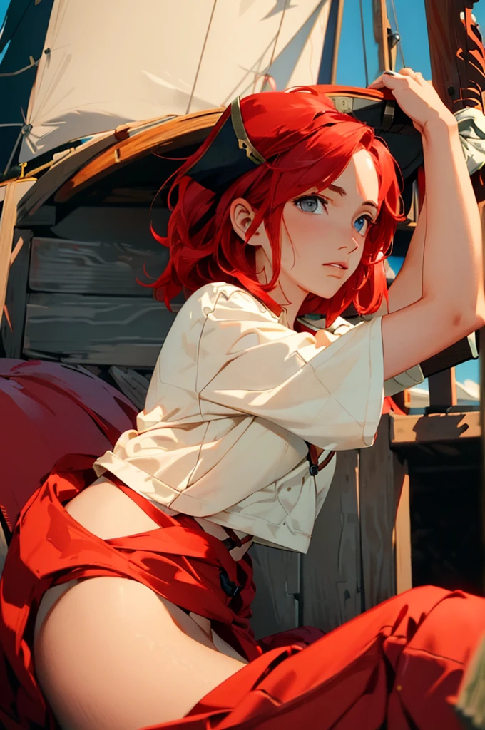 portrait of emilyrudd, nami, a woman, redhead,  short red hair, in a pirate ship, (best quality:1.1), (masterpiece:1.4), (absurdres:1), (masterpiece), best quality, expressive eyes, perfect face, curvilienar waist, EnvyBetterHands LoCon