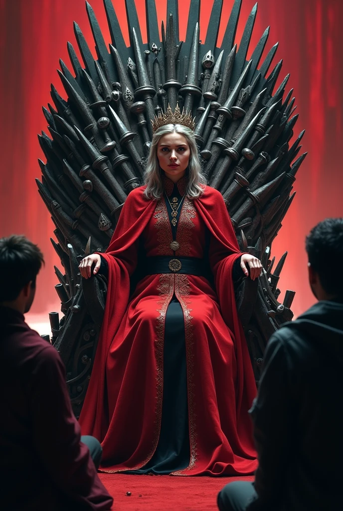 a queen with slightly dark white hair and a defined face, 30 years old, wearing red and black clothes, sitting on the iron throne with a crown and commoners kneeling 