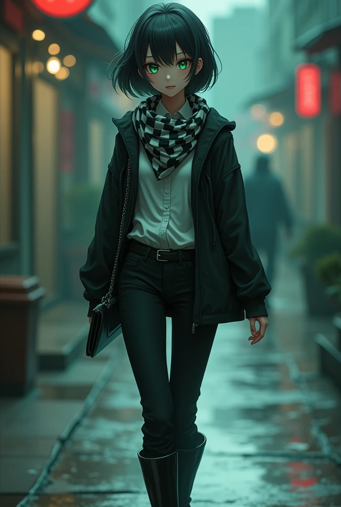 Female, Anime, Short black hair, Fair skin, Emerald eyes, Checkered scarf, Black hoodie, White collared shirt, Black trousers, High-heeled black boots