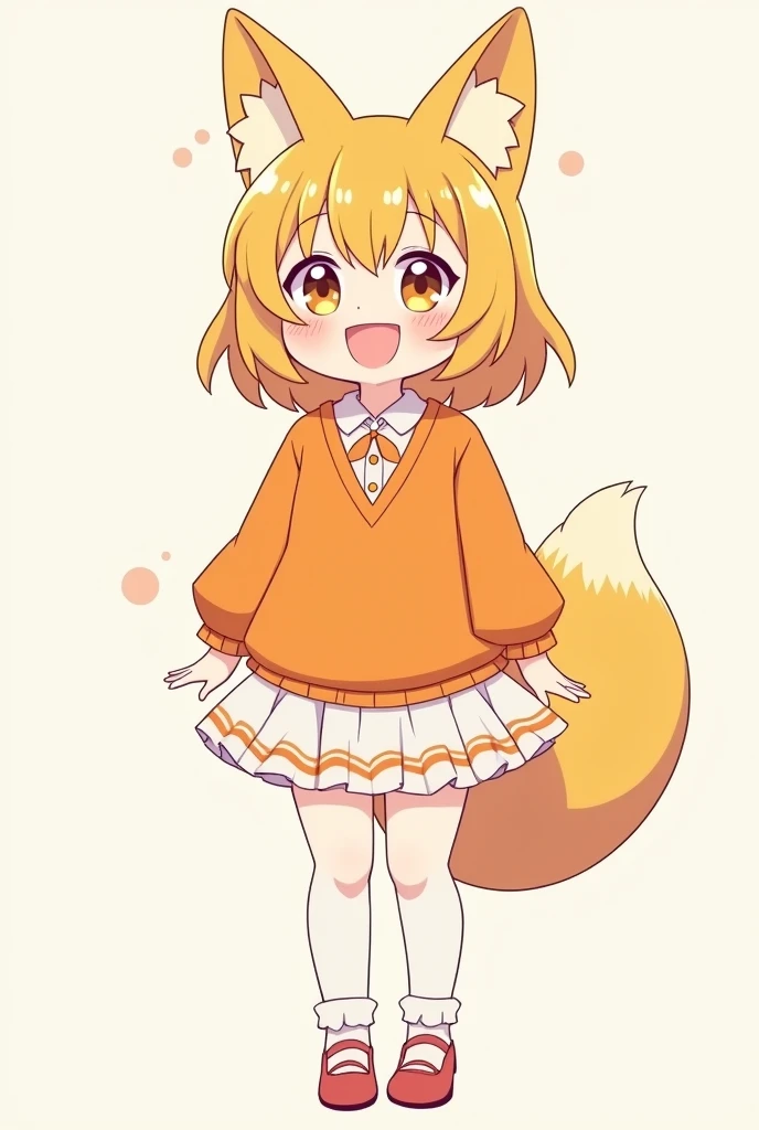 Anime girl smiley face with a fox ear wearing an beautiful orange top, white short skirt and stocking. no background