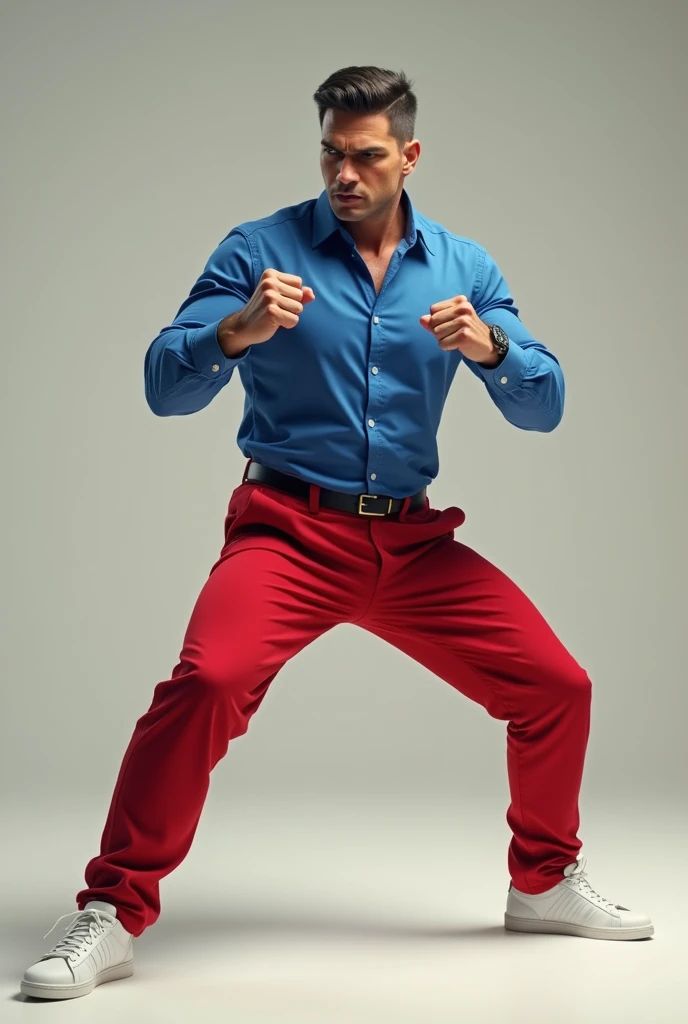 a man with a blue blouse, red pants, white shoes, in a fighting pose (realistic)