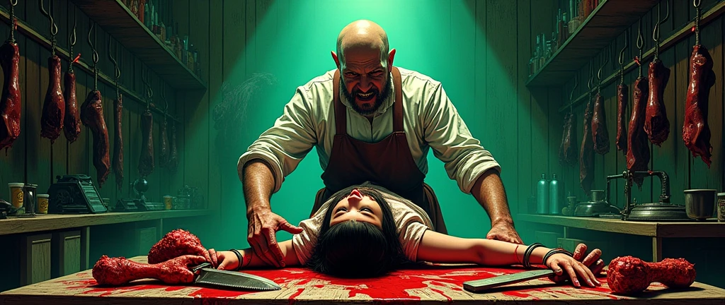 evil sinister butcher, shop full of meats, human body parts, Germany, kidnapped girl student tied up on table, meat cleavers, knives, saws, bloody, gore (lurid vivid colors, cinematic and volumetric lighting, Technicolor, blue and orange tint, diffused green back lighting, intricate details, Fumetti comic books style, pen and ink, Metal Hurlant aesthetic, best quality, masterpiece, HD, 8X, good hands, good bodies, attention to detail, retro illustration style, classic European horror movie style, NSFW)