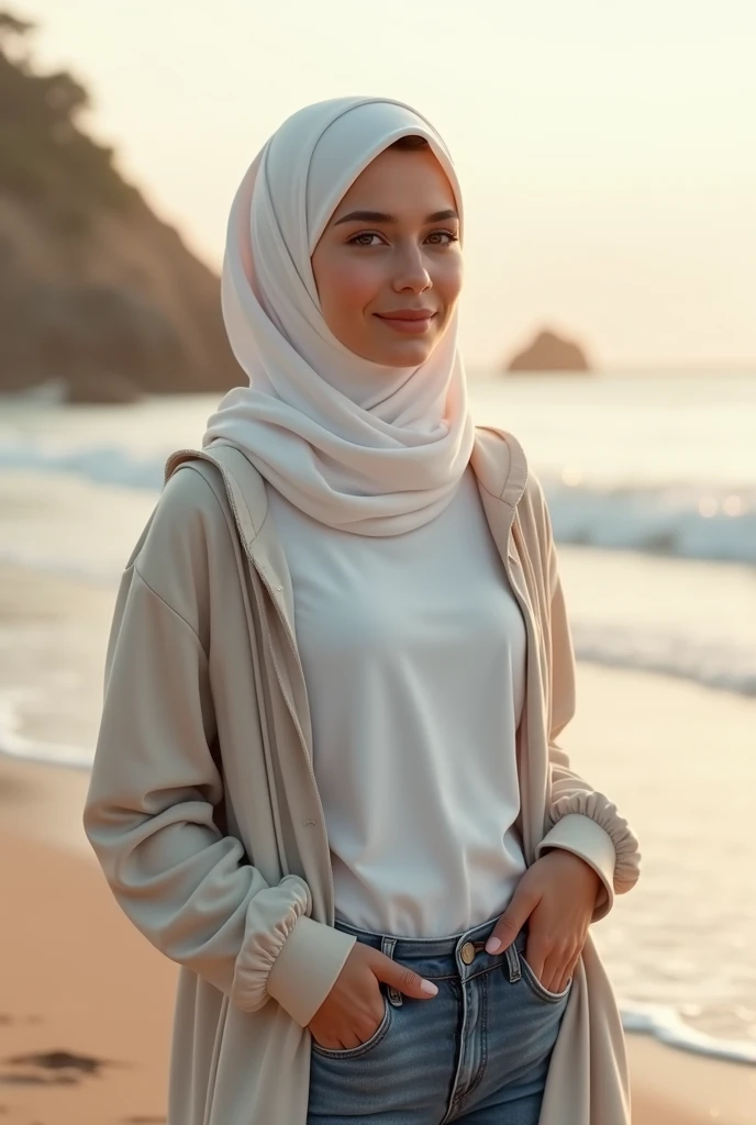 (photorealism), beautiful girl in white hijab . stand up atbeach, wearing loose tshirt with hoodie, jeans pants, , , soft lighting, background a beach, have sunlight, relaxed pose, , warm color. anime versi