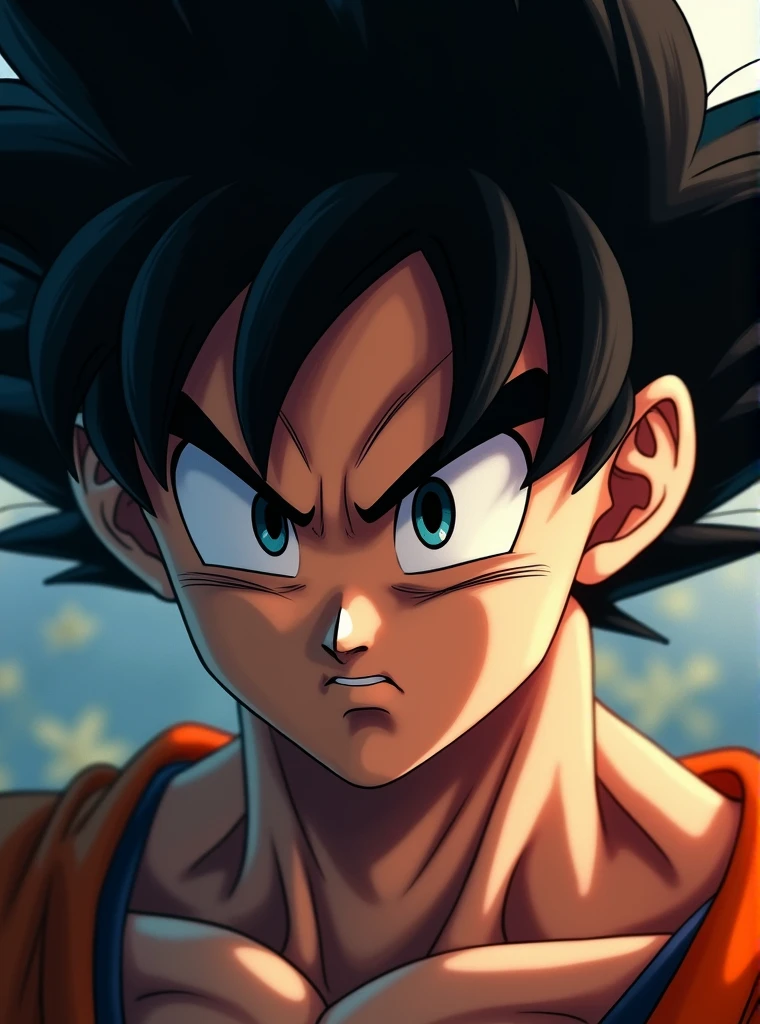 RAW photo, a portrait photo of Goku's face, illuminated face, Vivid colors, shine, touch, 8K UHD, DSLR, soft-lighting, first work, high quality, grain of film, Fujifilm XT3, art cinematic, SXDL
