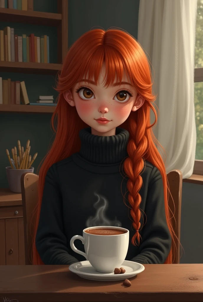 A digital réalistic painting of a young 1 girl with long red hair and bangs, sitting at her desk. She has large hazel eyes, beautiful freckles across her angelic face, and plump lips. Her expression is neutral, giving a calm and serene vibe. She's wearing a thick black sweater and blue jeans. On the desk in front of her, there's a cup of hot chocolate. The scene is softly lit, highlighting her delicate features and the warmth of the setting."