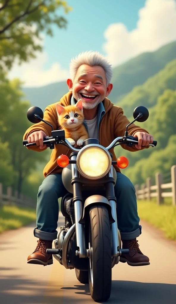 make a realistic photo of father and cute kitten riding a motorbike with cheerful faces.