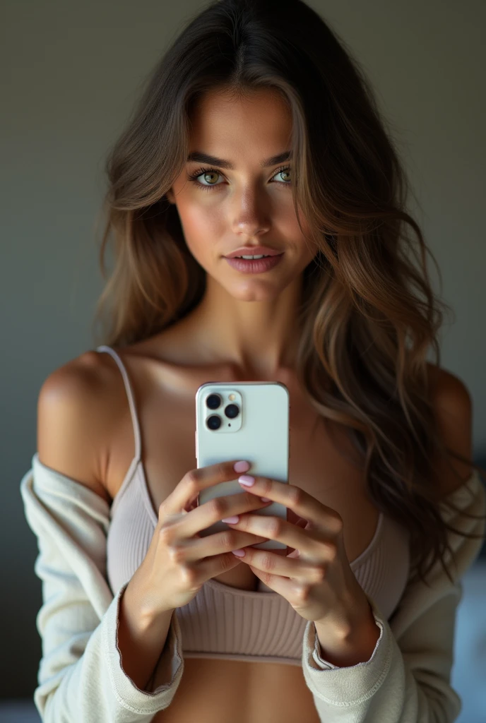 ((best quality)), ((Meisterwerk)), (Detailliert), Perfektes Gesicht,stunning realistic, photorealistic, photorealism, 1 beautiful spain girl,small nose,,Brown long hair,light curly hair,beautiful grey and hazel eyes,light sixpack,very tight shirt,cargopants, posa sexy , selfie hot , trasparente, cellulare bianco, posa selfie , super sexy , porno posa , con figa aperta 