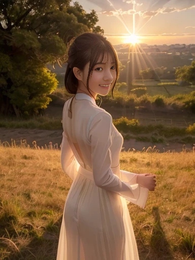 Japanese female, (underweight), (medium bust best quality:1.2), 30 years old, (cheerful grin:1.1),
grassland, (queen), hopeful, standing, semi long, (see through dress), (The lines of your body are visible through your clothes:1.2), with a castle, at sunrise, cowboy shot, ((from below)), sunrise, (Backlit:1.5)