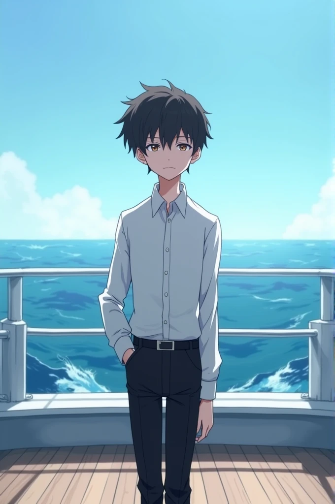 A anime boy with black pant and white shirt in a ship in ocean
