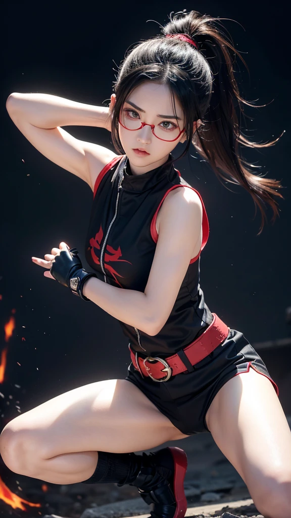 A realistic portrayal of a beautiful female ninja, around 1, with an athletic build and a confident, determined expression. She has light skin and short, slightly wavy black hair that reaches her chin. Both of her eyes glow with the distinct pattern of the Sharingan, red with black tomoe, indicating her powerful abilities. She wears a ninja headband with her village's symbol on the metal plate and red rectangular glasses, giving her an intelligent, agile look. She is dressed in a sleeveless dark red shirt, black shorts, and black ninja sandals. Her hands are covered by combat gloves that extend to her forearms, and white bandages are wrapped around her legs. She carries a weapons pouch attached to her belt. The scene captures her in a confident stance, with a faint aura of energy radiating from her, emphasizing her power and readiness for action. The background is minimalist, focusing on the character's striking presence and the intensity of her Sharingan eyes.